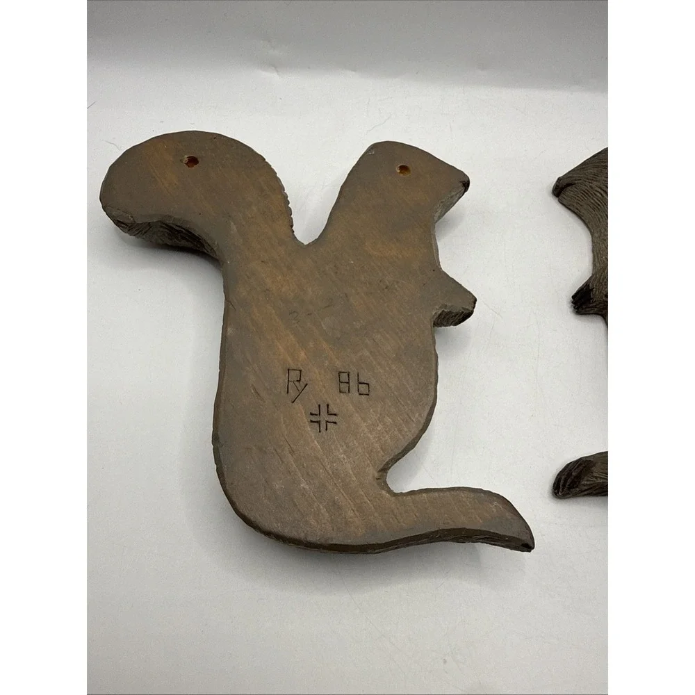 Vintage Wooden Hand Carved Squirrel Decor Wall Hanger Lot Of 2